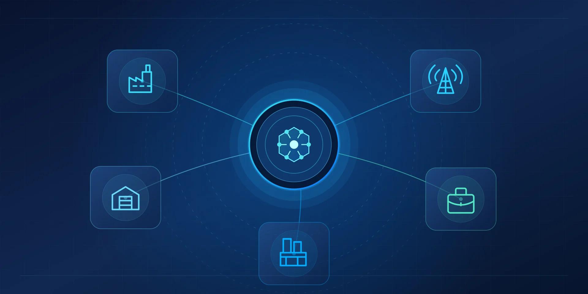 Conceptual illustration: one MySaaS core connected to manufacturing, telecommunications, distribution, professional services and cement
